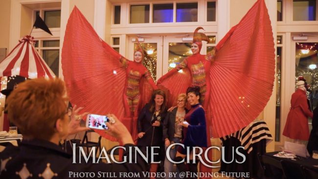 Winged Stilt Walkers, Red, Gold Bird, Cirque, Imagine Circus, Performers, Steph, Brittney, Oddball Gala, Photo still from video by Finding Future