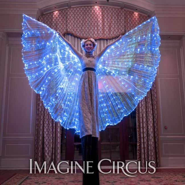 LED Isis Wing Stilt Walker, Performer, Kaci, Wedding Entertainment, Prestonwood Country Club, Cary, NC, Imagine Circus