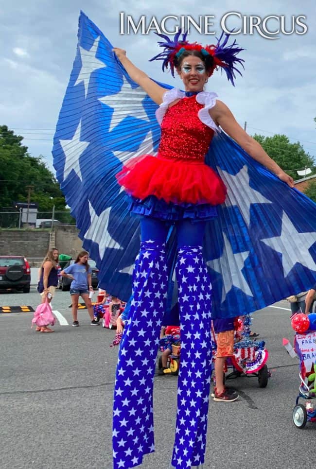 Patriotic, July 4 Stilt Walkers, Liz and Mari, Pittsboro Parade, Imagine Circus, Bett Wilson Foley Photographer