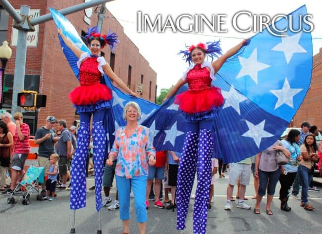 Patriotic, July 4 Stilt Walkers, Liz and Mari, Pittsboro Parade, Imagine Circus, Bett Wilson Foley Photographer