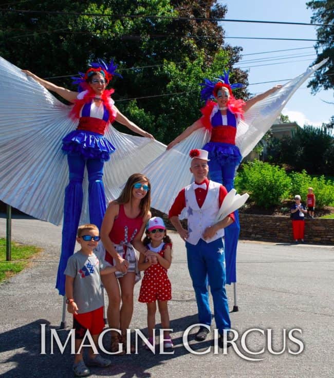 Patriotic July 4 Stilt Walkers and Juggler, Kaci Katie Adam, Lake Junaluska Parade, Imagine Circus Performer