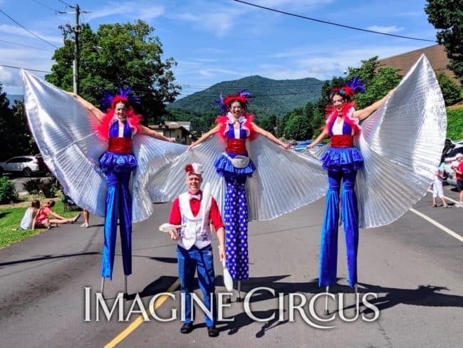 Patriotic July 4 Stilt Walkers and Juggler, Kaci Katie Adam, Lake Junaluska Parade, Imagine Circus Performer