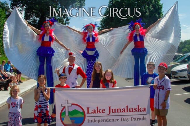 Patriotic July 4 Stilt Walkers and Juggler, Kaci Katie Adam, Lake Junaluska Parade, Imagine Circus Performer