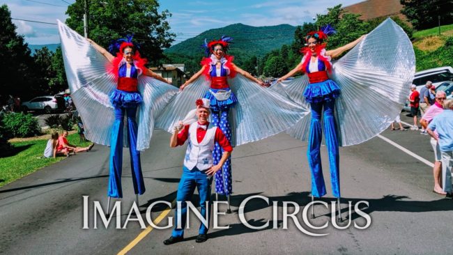 Patriotic July 4 Stilt Walkers and Juggler, Kaci Katie Adam, Lake Junaluska Parade, Imagine Circus Performer