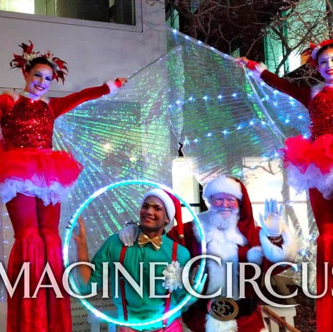 Stilt Walkers, LED Hoop, Holiday Entertainment, Santa, Katie, Kaci, Ben, Greensboro, Tree Lighting, Imagine Circus Performers