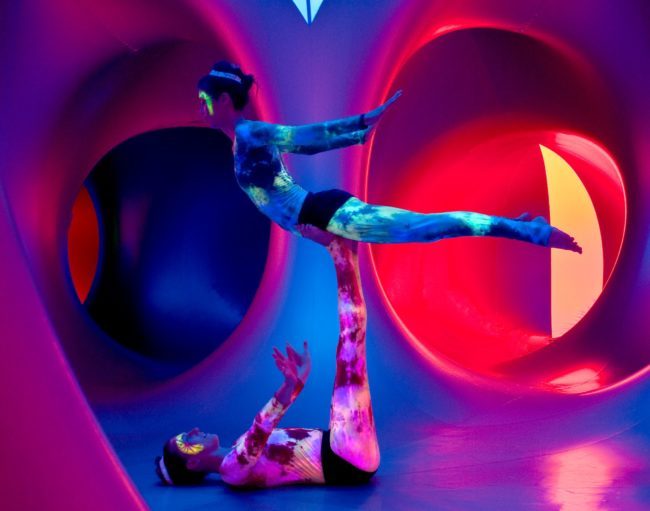 Katie | Kaci | Acrobats | Partner Acro Balancing | Neon Glow Costume | Art Installation Photo Shoot | Amococo | Architects of Air | Cirque | Circus | Performers | Imagine Circus | Cirque | Raleigh, NC