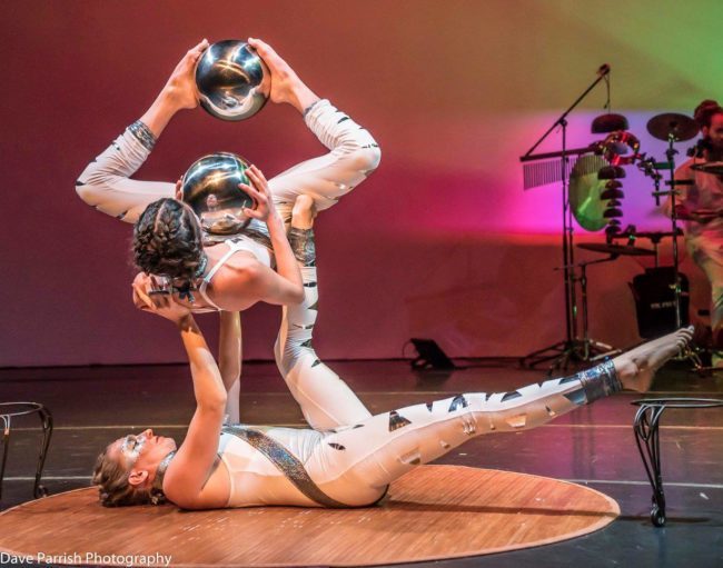 Katie | Kaci | White Costumes | Silver Spheres | Acrobatic Performance | Partner Acro | Duo | Imagine Circus | Cirque | Raleigh, NC