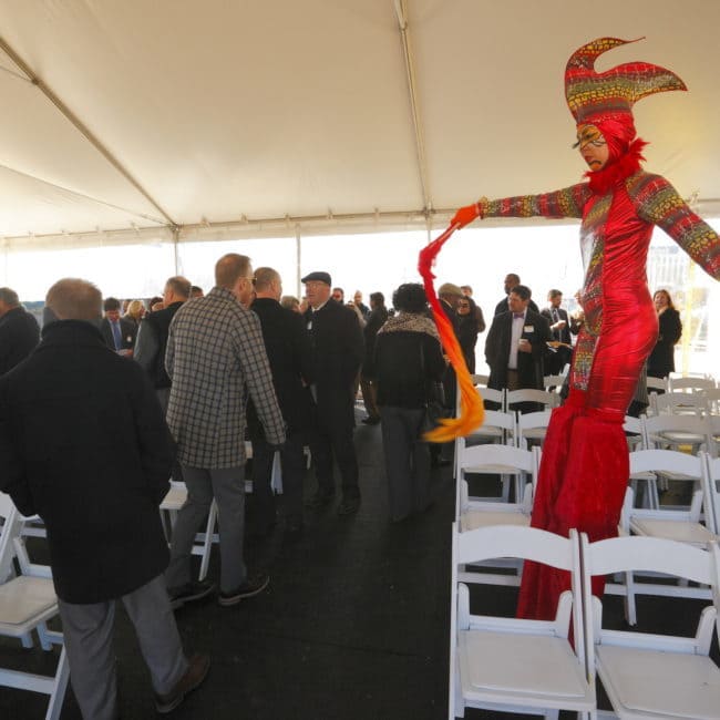 Modern Cirque Stilt Walker | Liz Bliss Performing at Durham ID Groundbreaking Ceremony | Imagine Circus