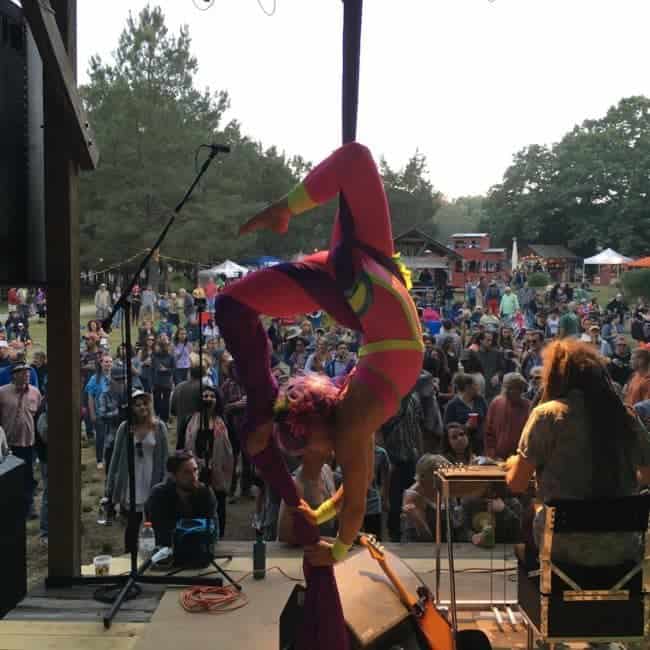 Aerialist Performing on Stage at Shakori Hills Festival | Liz Bliss | Imagine Circus | Pittsboro, NC