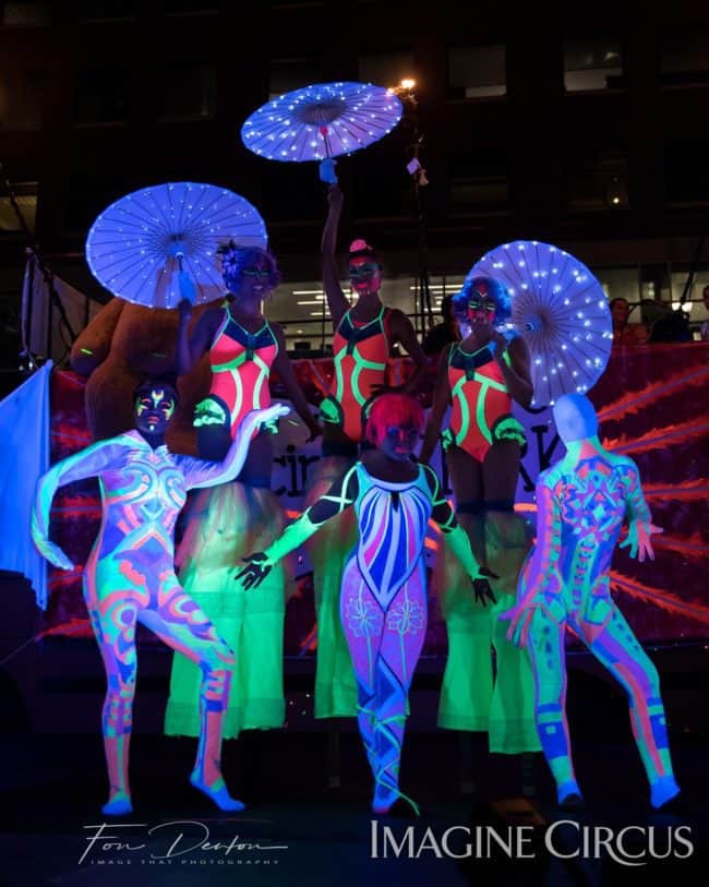 Kaci, Katie, Liz, Mari, Neon Glow, Stilt Walkers, SPARKcon, Imagine Circus, Photo by Image That Photography, Fon Denton