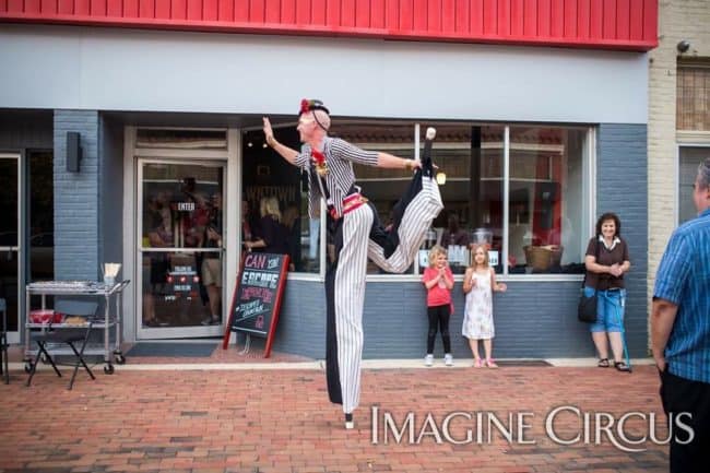 Stilt Walker, Grand Opening Entertainment, Performer, Adam, Downtown Escapes, Goldsboro, NC, Imagine Circus