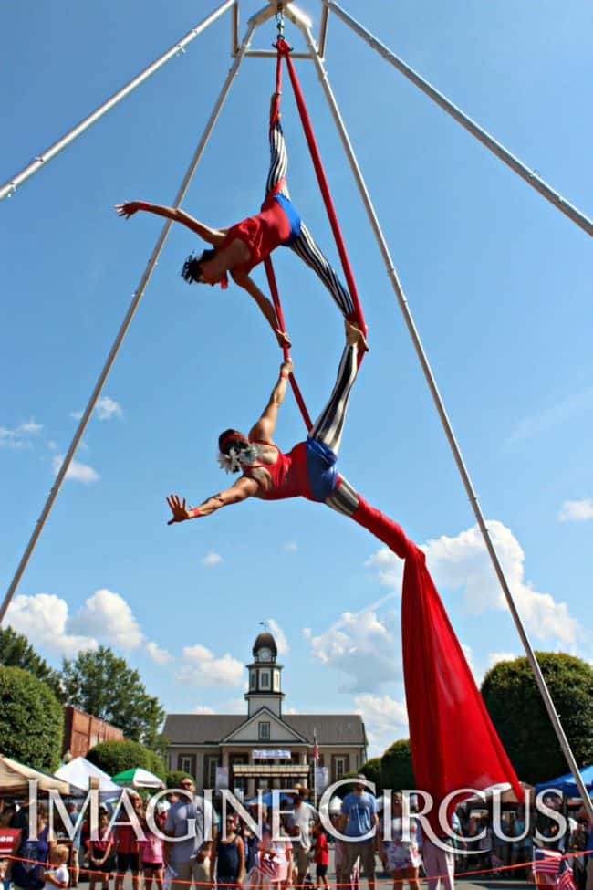 Kaci & Liz, Imagine Circus Performers at Pittsboro Summer Fest, Independence Day, Partner Aerials, Aerial Silks Duo