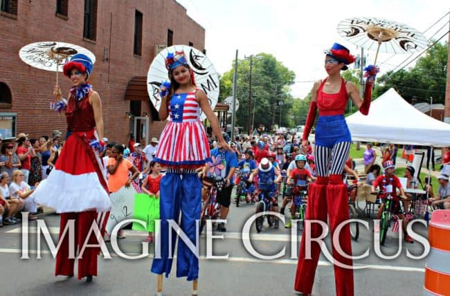 Kaci, Liz, Mari, Imagine Circus Performers at Pittsboro Summer Fest, Independence Day Parade, Stilt Walkers