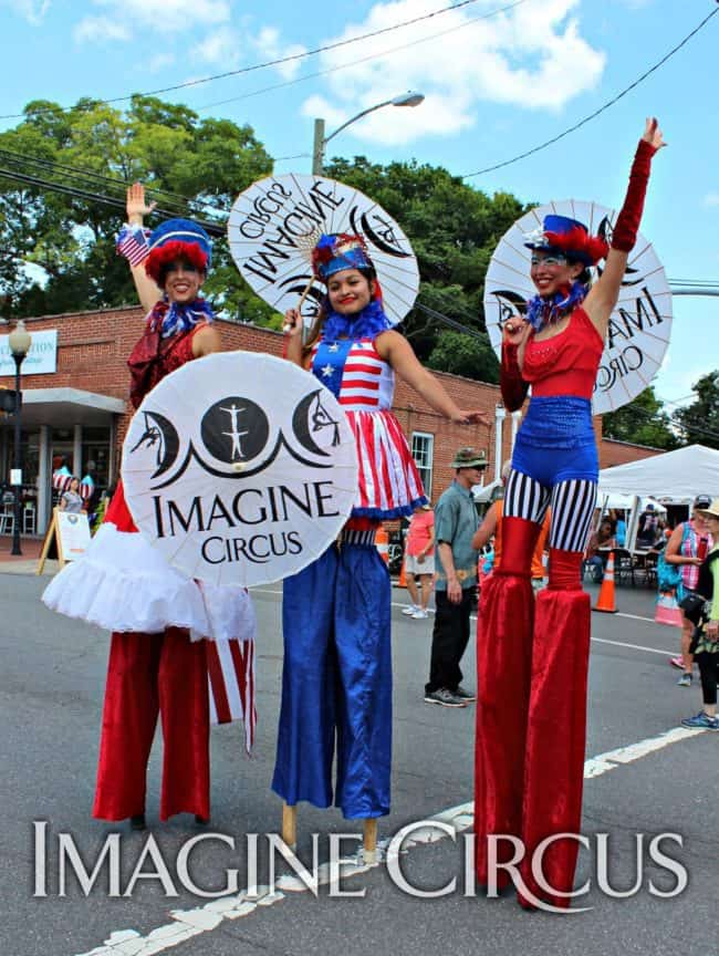 Kaci, Liz, Mari, Imagine Circus Performers at Pittsboro Summer Fest, Independence Day Parade, Stilt Walkers