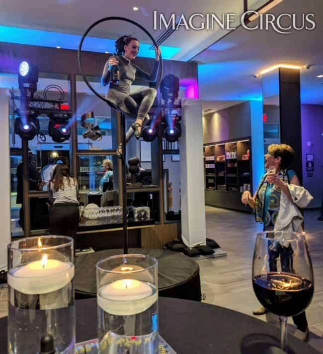 Aerial Bartender, Aerial Hoop, Lollipop Lyra, Grand Opening, Chapel Hill, NC, Imagine Circus, Performer, Katie