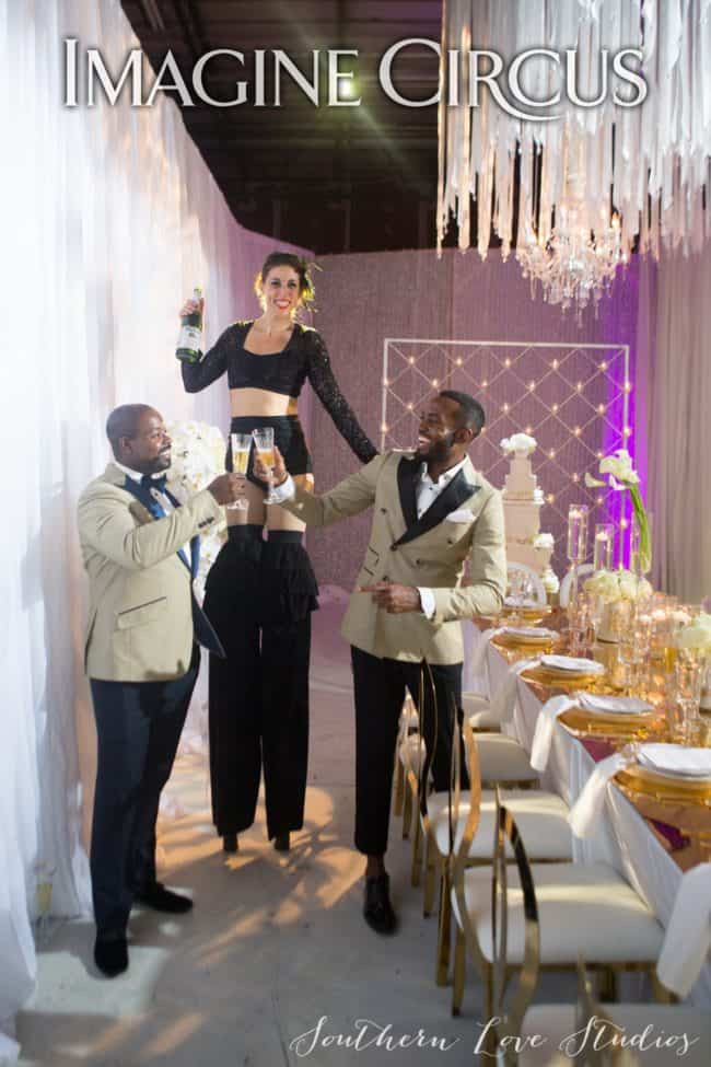 Stilt Walking, Champagne Serving, Stilt Walking Bartender, Performer, Liz, Imagine Circus, Photo by Southern Love Studios