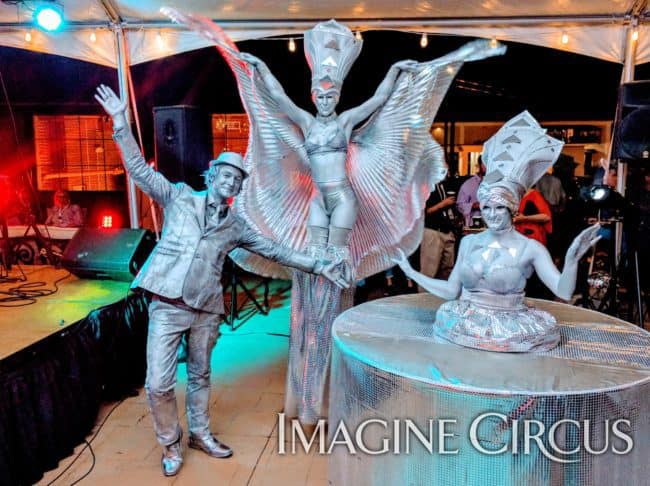 Strolling Table, Stilt Walker, Mirror, Silver Statue, Classy Art, Imagine Circus, Performers, Azul, Dustin, Adrenaline