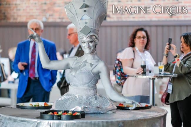 Silver Strolling Table, Performer, Classy Art, Imagine Circus, Azul, Photo by the Nixons Photography