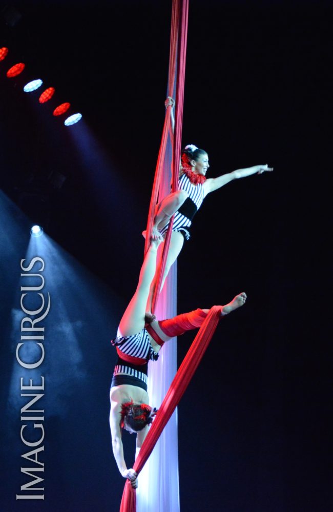 Partner Aerial Silks, Harrahs Casino, Cherokee, NC, Imagine Circus, Performers, Kaci and Liz, Photo by Susan Dipert Scott