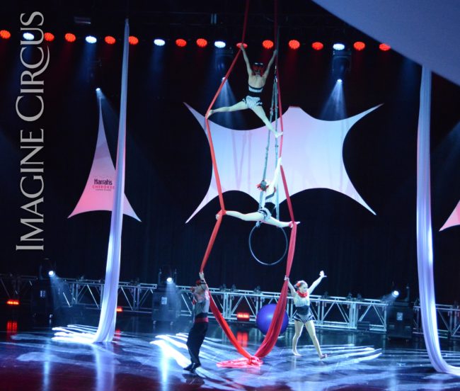 Partner Aerial Silks, Stage Show, Harrahs Casino, Cherokee, NC, Imagine Circus, Performers, Kaci, Liz, Adam, Katie, Photo by Susan Dipert Scott