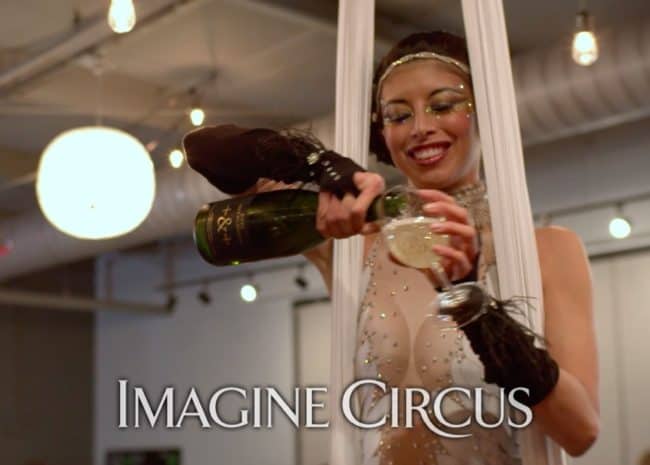 Aerial Bartending, Champagne Service, Vintage, Gatsby, Upscale Entertainment, Performer, Kaci, Imagine Circus, Still from Video by Finding Future