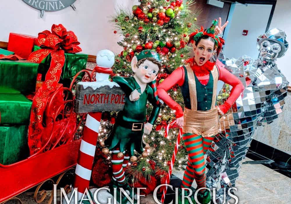 Elf Character, Mirror Man, Winter Holiday Entertainment, Katie, Newport News Virginia, Imagine Circus