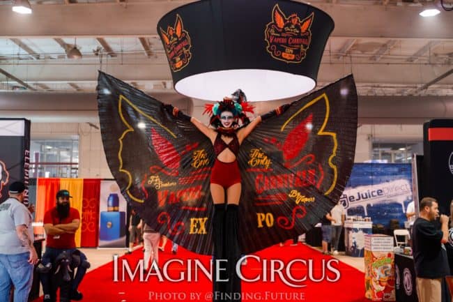 Dark Circus, Stilt Walker, Kaci, Logo Branded Wings, Vapers Carnivale, Imagine Circus Performers, Photo by Finding Future