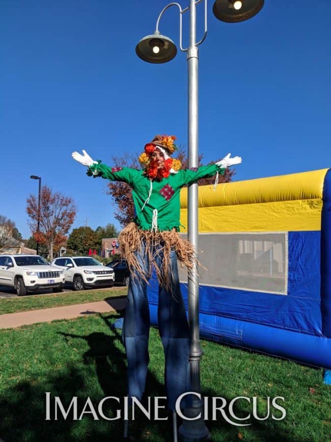 Scarecrow Stilt Walker, Liz Bliss, Fall Festival, Raleigh, NC, Imagine Circus