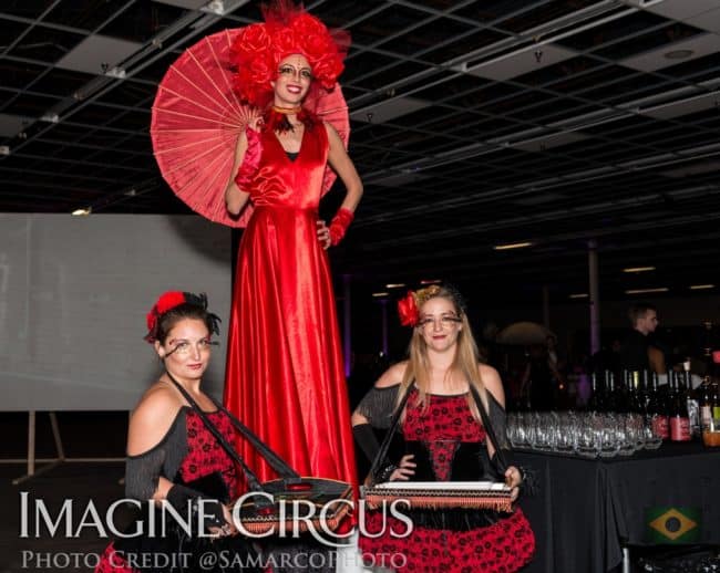 Irene, Kaci, Lulu, Stilt Walkers, Serving Trays, Red, Black, VAE Gala, Imagine Circus, Photo by Gus Samarco