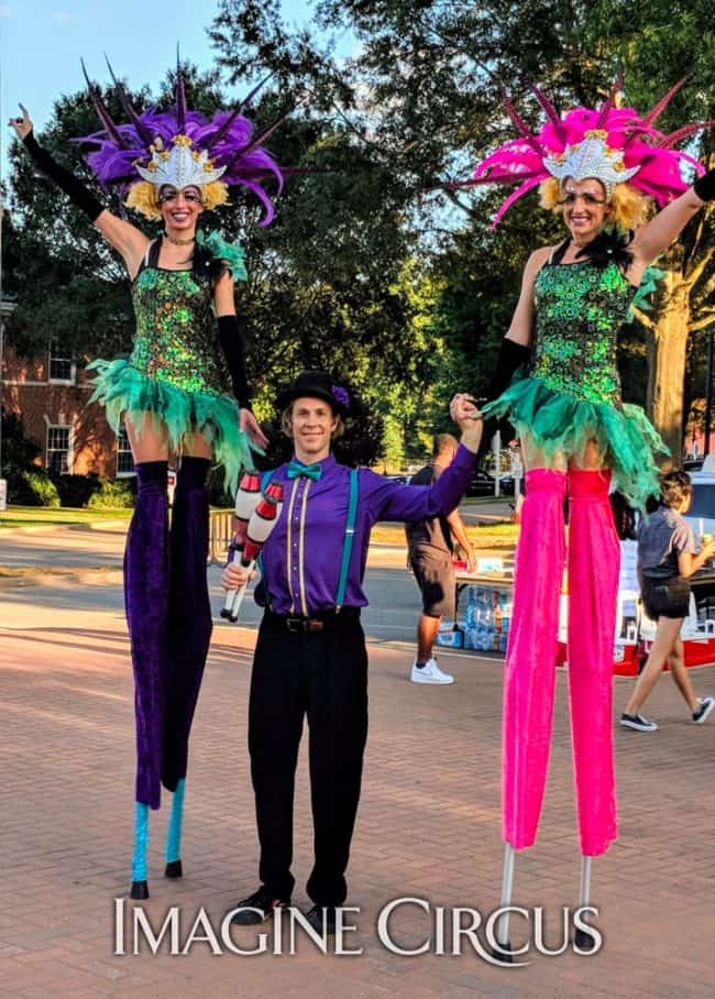 Stilt Walkersm, Katie, Kaci, Mardi Gras, Juggler, Tain, Guilford College, Greensboro, NC, Imagine Circus