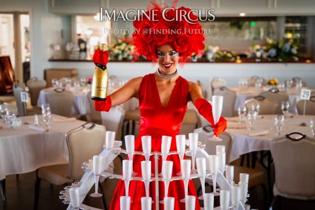 Strolling Champagne Girl, Fancy Drink Service, Red Rose Dress, Kaci, Imagine Circus Performer, Photo by Finding Future