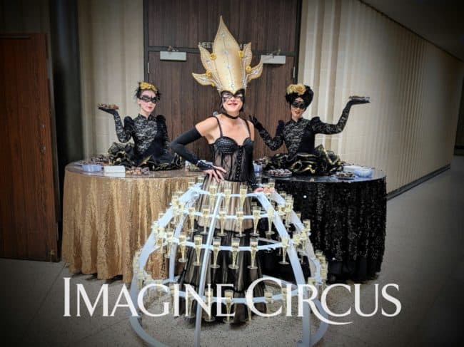 Champagne Dress, Strolling Table, Morgan Steph Tik-tok, Cocktail Party, Strolling Entertainment, Gold and Black Masquerade, Imagine Circus Performers