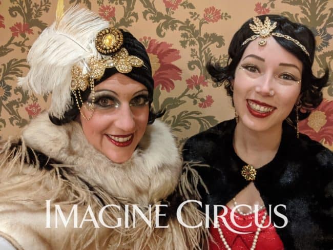 Roving Performers, Backstage Selfie, Katie and Steph, Great Gatsby 1920s Theme, NYE Party, Imagine Circus