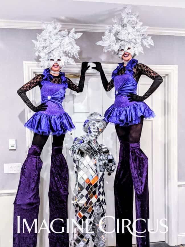 Stilt Walkers and Mirror Man, Ballentyne Gala Masquerade, Kaci and Brittney, Imagine Circus