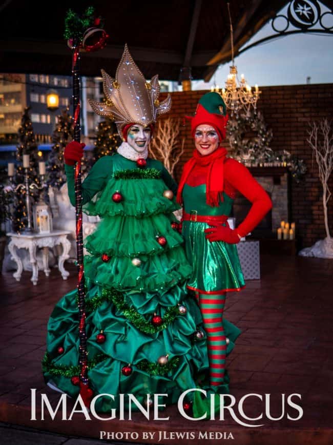 Christmas Tree Cutie, Elf Lady, Liz and Katie, Winter Holiday Character, Strolling Entertainment, Imagine Circus Performers, Photo by JLewis Media