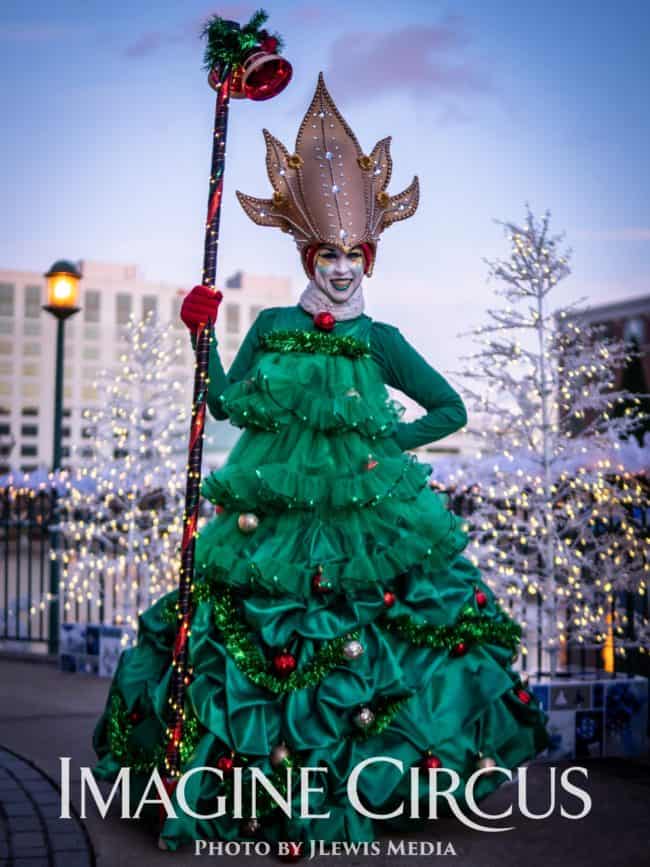 Christmas Tree Queen, Winter Holiday Character, Strolling Entertainment, Liz Bliss, Imagine Circus Performers, Photo by JLewis Media
