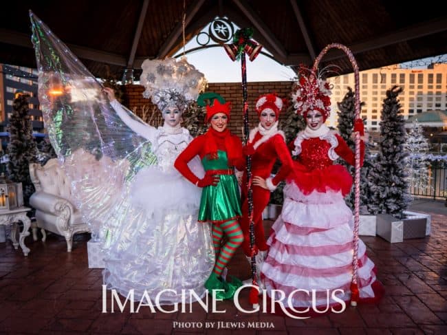 Elf, Candy Cane Queen, Snow Queen and Ice King, Winter Princess, Jack Frost, Steph Katie Kaci Jeremy, Winter Holiday Character, Strolling Entertainment, Imagine Circus Performers, Photo by JLewis Media