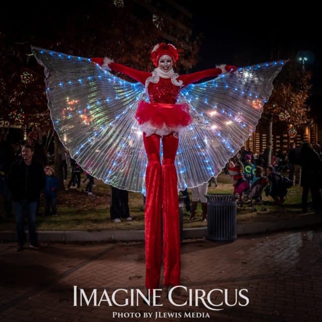 LED Isis Wing Stilt Walker, Kaci, Winter Holiday Entertainment, Christmas Tree Lighting Greensboro, Imagine Circus, Photo by JLewis Media