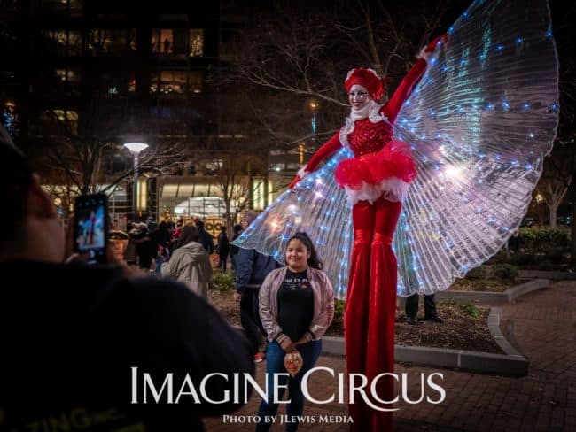 LED Isis Wing Stilt Walker, Kaci, Winter Holiday Entertainment, Christmas Tree Lighting Greensboro, Imagine Circus, Photo by JLewis Media