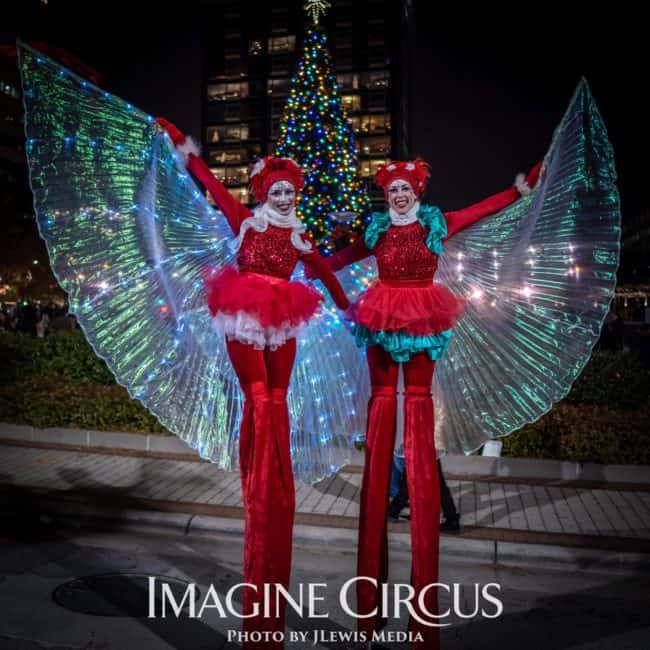 LED Isis Wing Stilt Walkers, Kaci and Liz, Winter Holiday Entertainment, Christmas Tree Lighting Greensboro, Imagine Circus, Photo by JLewis Media