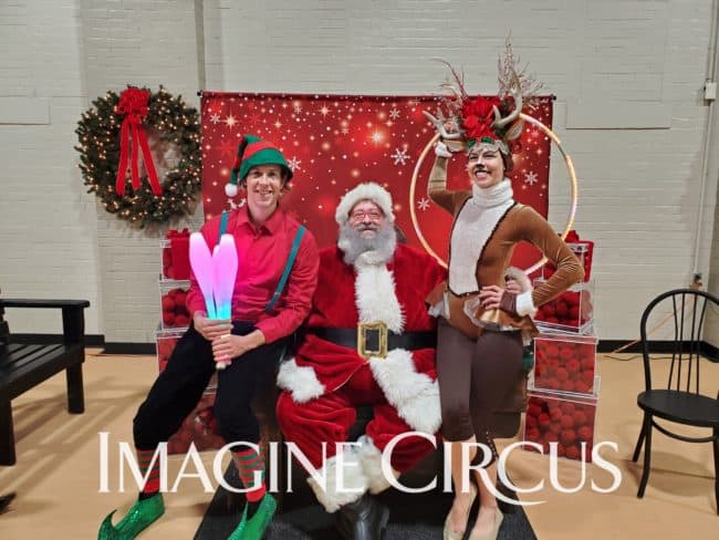 Roving Winter Holiday Character, Elf Juggler and Reindeer Hooper, Tain and Brittney with Santa, Family Friendly Entertainment, Imagine Circus