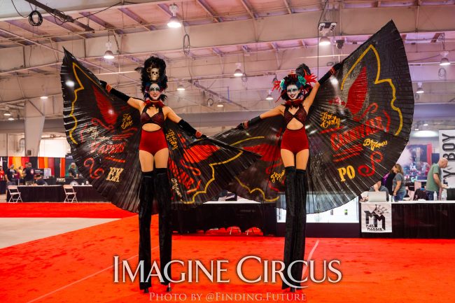 Dark Circus, Stilt Walkers, Liz and Kaci, Logo Branded Wings, Vapers Carnivale, Imagine Circus Performers, Photo by Finding Future