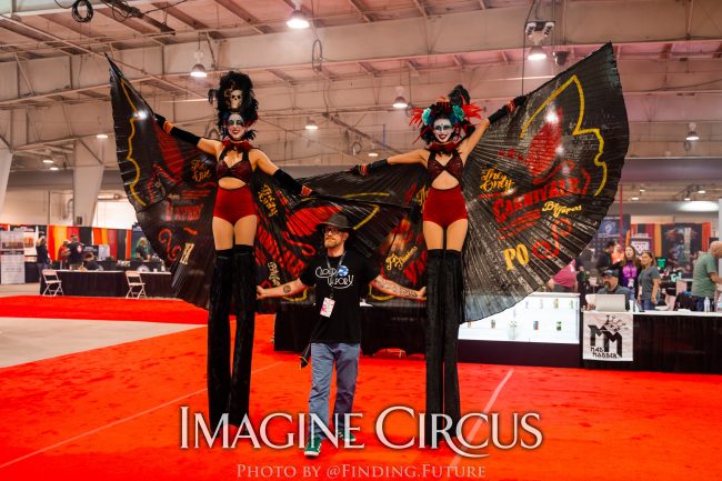 Dark Circus, Stilt Walkers, Liz and Kaci, Logo Branded Wings, Vapers Carnivale, Imagine Circus Performers, Photo by Finding Future