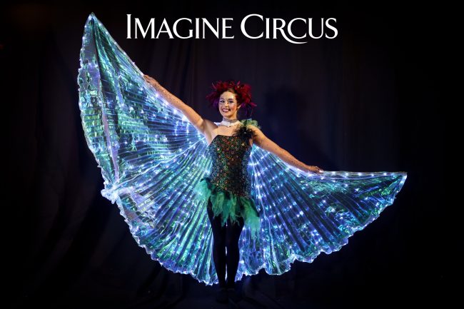 LED Isis Wing Dancer, Strolling Entertainment, Amber, Green Pink Fairy, Imagine Circus