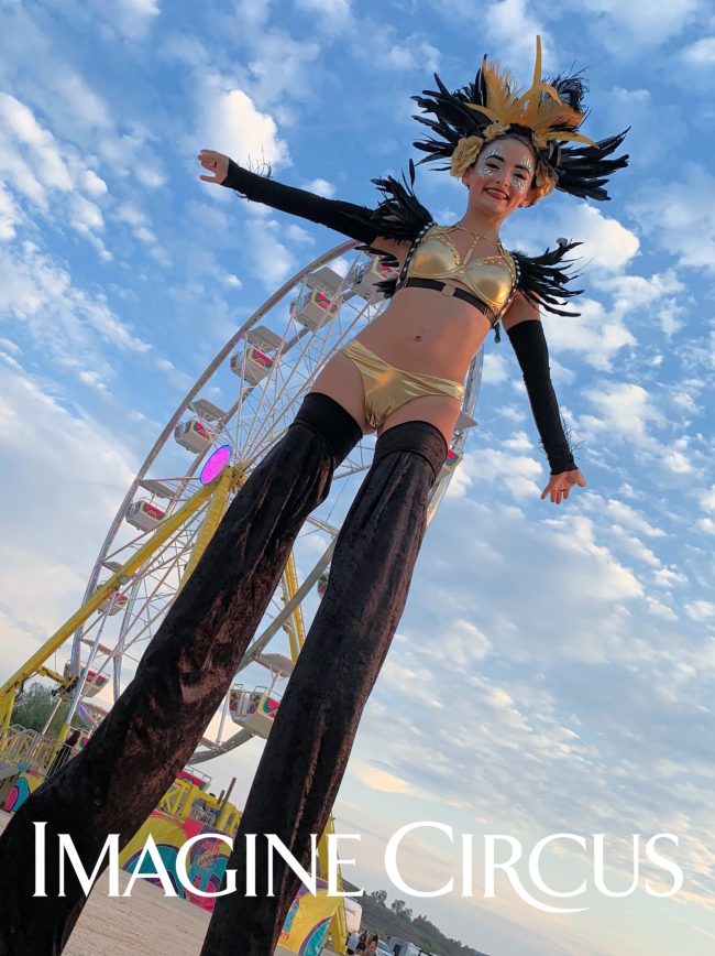 Stilt Walker, Olivia, Sexy Gold Festival Costume, Imagine Circus Performers