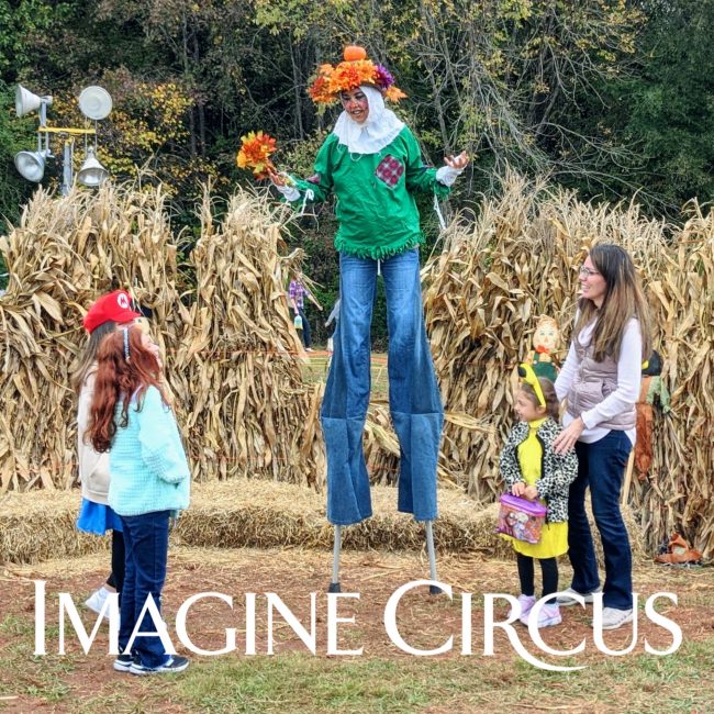 Stilt Walker, Scarecrow Character, Liz, Fall Festival Entertainment, Imagine Circus