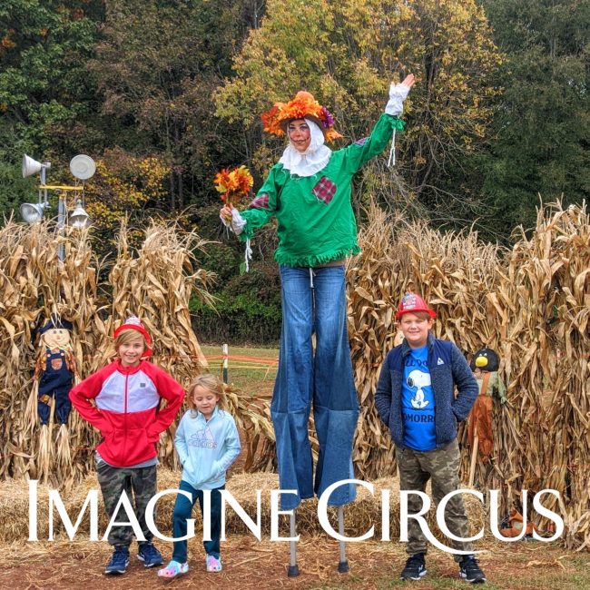 Stilt Walker, Scarecrow Character, Liz, Fall Festival Entertainment, Imagine Circus