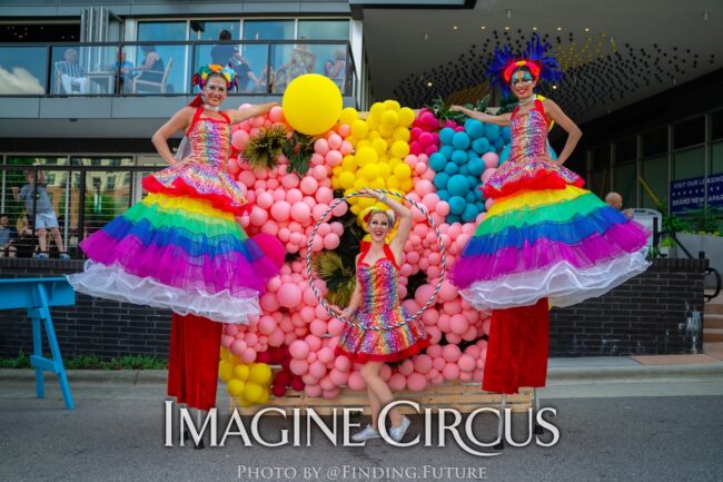 Rainbow Stilt Walkers and Hula Hooper, Katie Kaci Whitney, North Hills Raleigh NC, Imagine Circus Performers, Photo by Finding Future