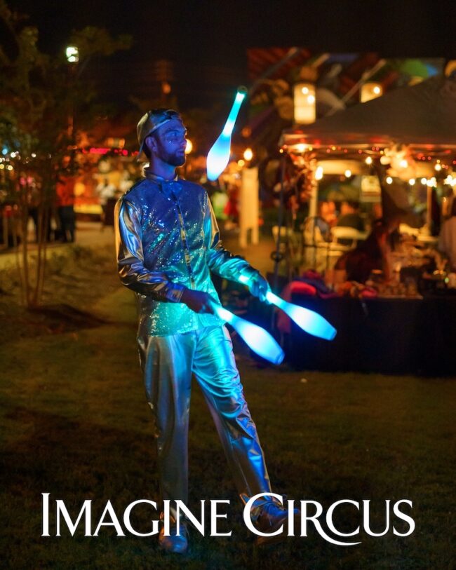 LED Juggler, Glow Juggling Clubs, Jeremy, Strolling Entertainment, Imagine Circus