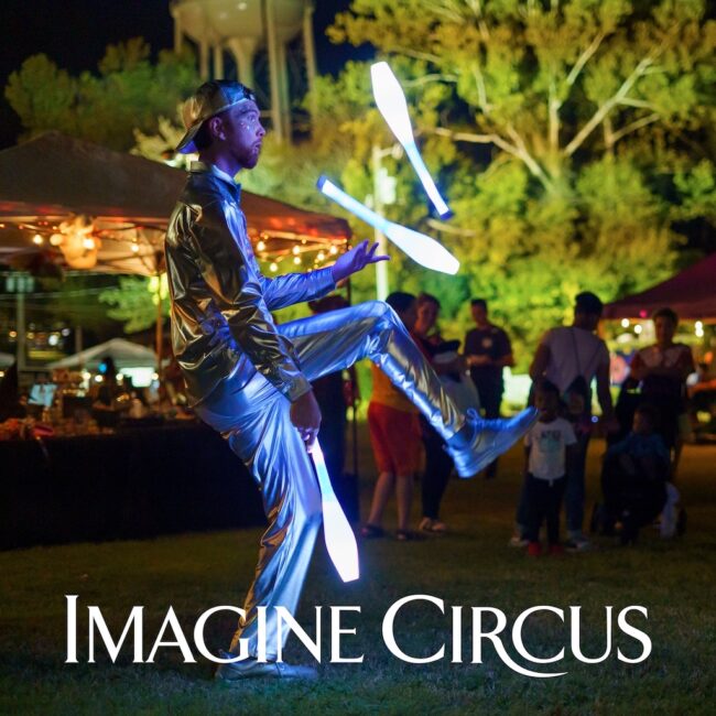 LED Juggler, Glow Juggling Clubs, Jeremy, Strolling Entertainment, Imagine Circus